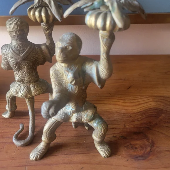 Vintage Solid Brass monkey Candlestick Holders Pair